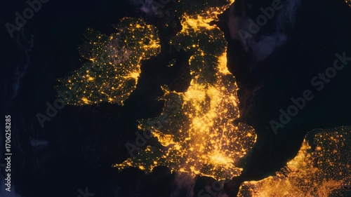 Wales Zoom In. View from Space Orbit. UK and Planet Earth at Night. Night Globe