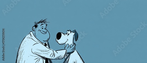 Heartwarming Interaction Between Man and Dog on Blue Background