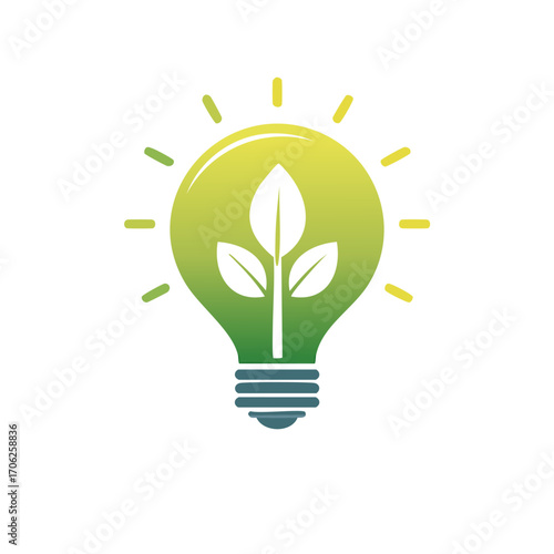 Green Energy Concept Featuring a Light Bulb and Plant Leaves, Environmentally Friendly Resource