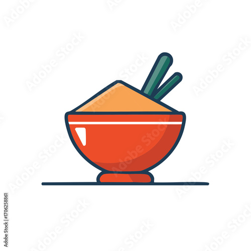 Stylized vector icon of an Asian food bowl with rice and chopsticks