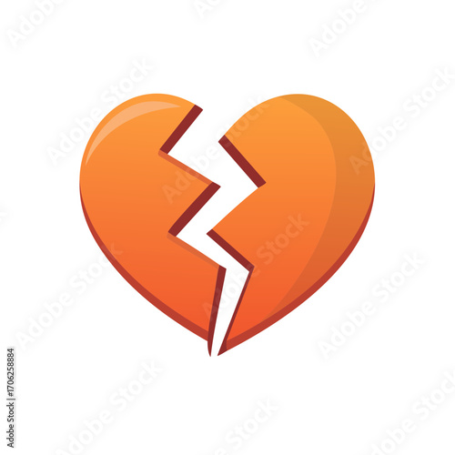 Broken heart illustration, orange color, symbol of heartbreak and separation.