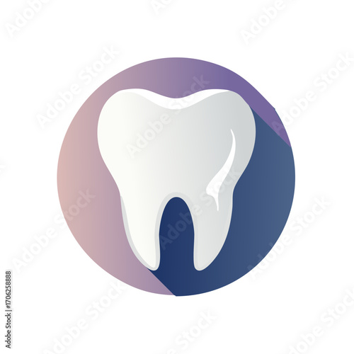 Clean white tooth graphic inside a circular gradient of purple and blue with a long shadow