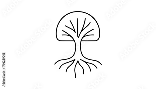 Simple outline tree with visible roots drawing symbol natural growth and connection concept