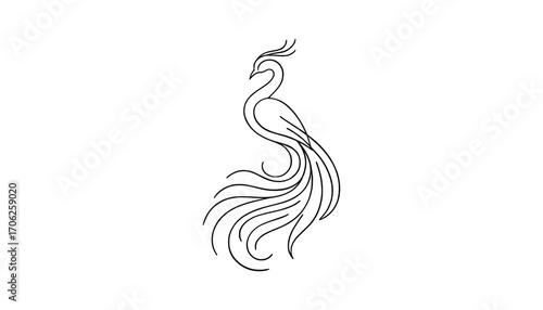 Elegant line art phoenix with flowing feathers and crest majestic mythical bird silhouette