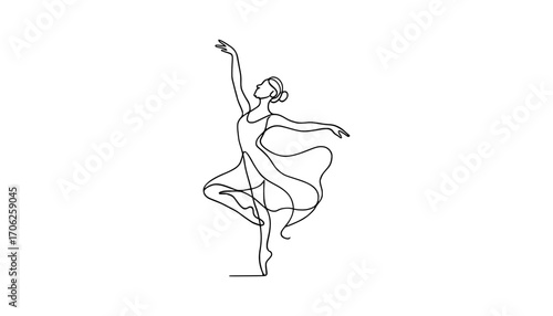 Elegant ballet dancer in flowing dress captures graceful pose and artistic movement