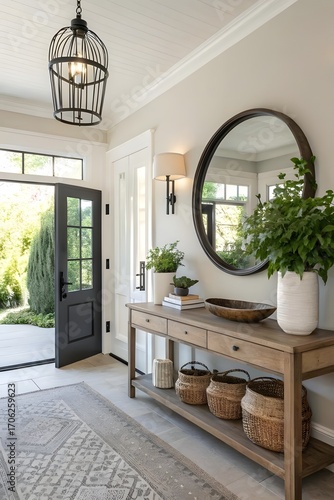 Stylish and inviting entryway featuring a wooden console table, large round mirror, and lush greenery with an open front door