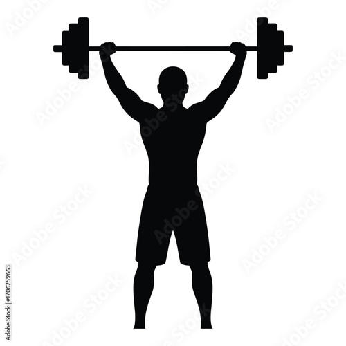 Silhouette of muscular man lifting heavy barbell overhead strength training fitness silhouette