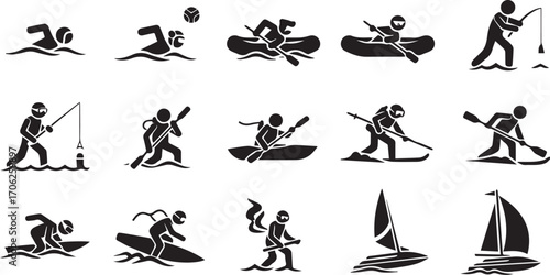 Water sports icon set – black silhouette illustrations of swimming, rafting, fishing, and sailing for outdoor branding, activity guides, and adventure design.
