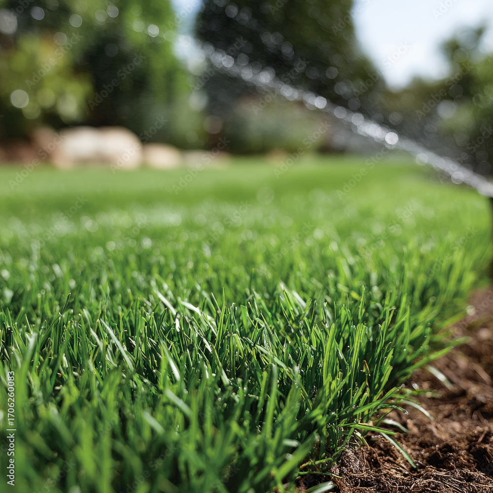 Fototapeta premium Close-up of vibrant green grass in a sunny garden.