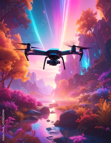 Drone in vibrant fantasy landscape
