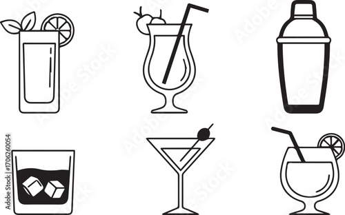 Cocktail icon set – bold black-and-white illustrations of drinks and shaker for mixology branding, bar menus, and festive design.