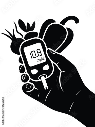 Hand holding glucose meter with fresh vegetables for healthy eating