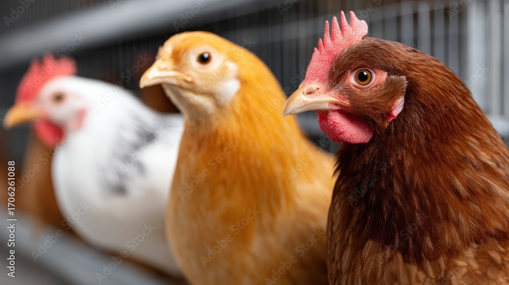 Fototapeta premium Two young chickens, one fluffy and yellow and the other a more defined orange, curiously look out from their cage in bright light