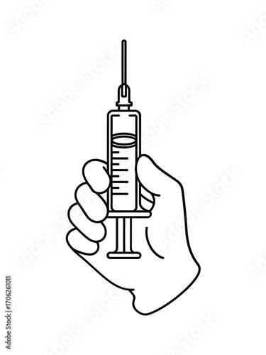Hand holding a medical syringe with needle and liquid