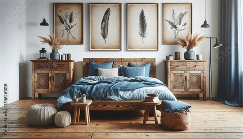 Bohemian bedroom with rustic wooden furniture, blue bedding, and botanical art, creating a cozy and inviting atmosphere