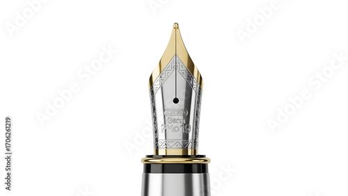 Close up of fountain pen nib for calligraphy writing and drawing with ink and fine point detail design on transparent background