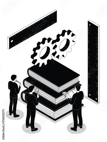 Business people studying books with gears and rulers illustration