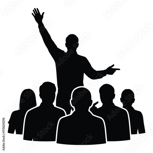 Silhouette of a leader addressing a crowd motivational speaker audience gathering silhouette