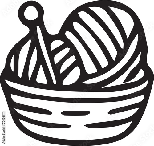 Set of vector line doodles with knitting items. Minimal black and white hand-drawn icons: yarn balls, knitting needles, craft baskets. Ideal for textile design, DIY projects, cozy handmade themes.