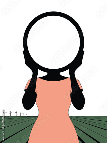 Woman in pink dress holding a round mirror reflecting blank space