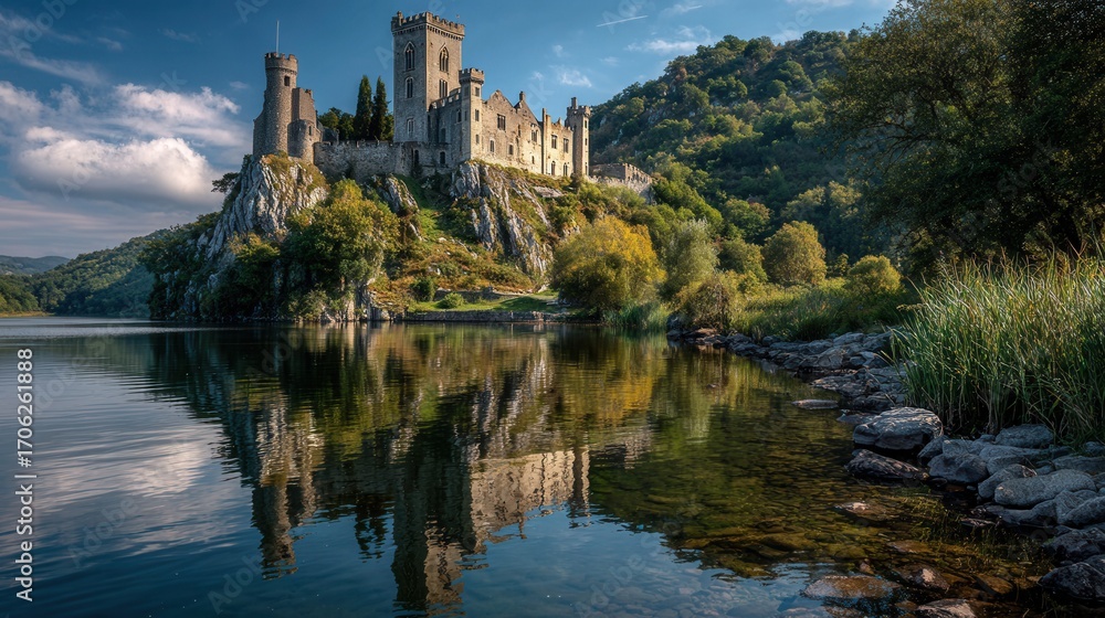 Fototapeta premium Picturesque castle atop a hill overlooking valley