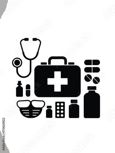 Medical kit with stethoscope pills and first aid supplies icon