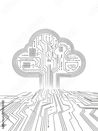 Digital cloud computing concept with circuit board lines