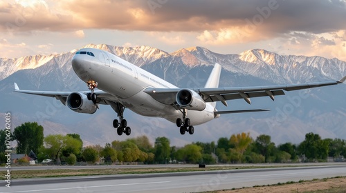 Wallpaper Mural An airplane approaches landing on a runway surrounded by colorful autumn trees and mountains under a stunning sunset sky Torontodigital.ca