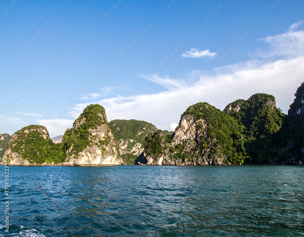 Obraz premium Lush green islands rise from calm turquoise water under a vibrant blue sky