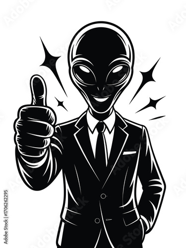 Smiling alien in a suit gives a thumbs up gesture
