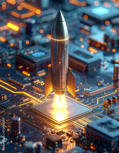 A metallic rocket launches from a central processor chip, set against a complex circuit board.  Orange and yellow highlights illuminate the scene