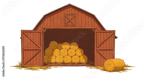 Farm barn with hay: interior view with stacked rolled bales of hay, open doors and one bale outside - rural life vector illustration