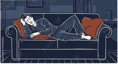 Man sleeping on a sofa with orange pillows. Vector illustration in linocut style in dark indigo color. 