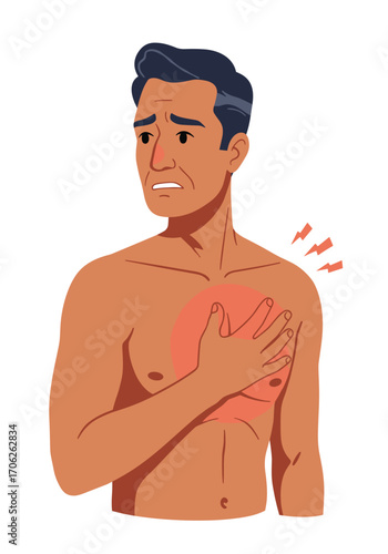 A man with chest pain stands with his hand pressed to his chest, his eyes frightened, his skin slightly reddened - a visualization of a heart attack symptom.