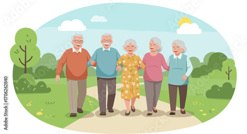 Elderly friends with happy faces walk together along a spring path holding hands. Illustration of happiness in adulthood for charity projects.