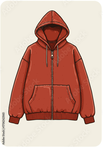 Brick colored hoodie with zip up front, pockets and drawstring on flat background - art render with fabric texture for designer brands