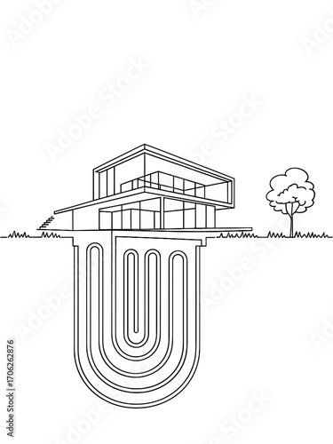 Architectural sketch of a modern house with underground geothermal heating system