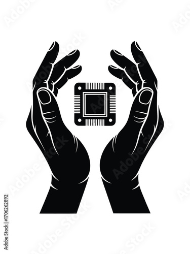 Hands cradling a microchip symbolizing technology and care