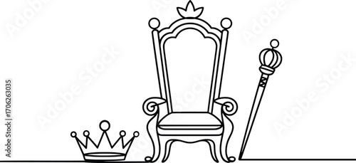 Royal Throne Vector, Crown and Scepter Line Art Illustration./
