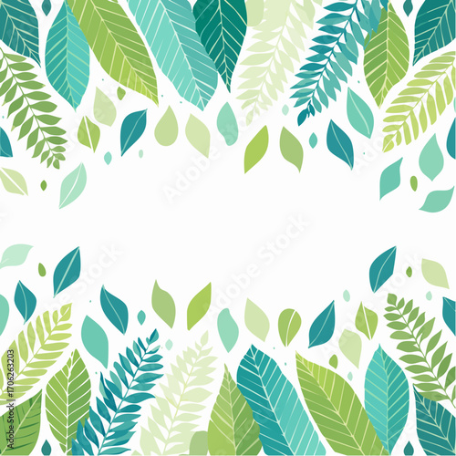Vibrant green leaves and tropical foliage creating a fresh summer botanical border with copy space