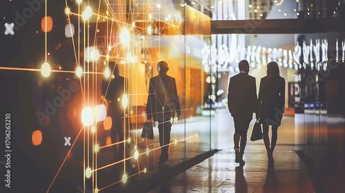 Business Professionals Walking in Modern Urban Shopping Mall with Digital Network Overlay