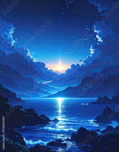Night-sky panorama, tranquil coastal scene.  Sunrise or sunset. Deep blue hues