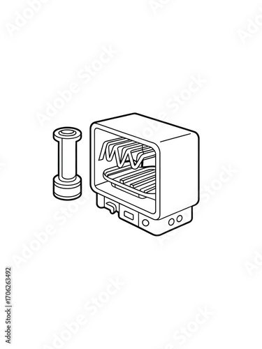 Line art drawing of a toaster oven and a cylindrical object