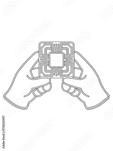Hands holding a complex circuit board or microchip