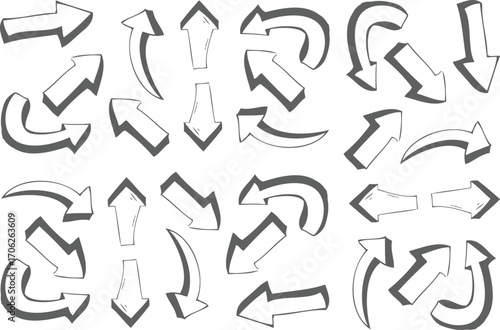 Set of grunge arrow vector. Arrow marker isolated png mark hand draw. Grunge arrow brush. Grunge arrow paint. Collection hand drawn arrows. Set simple arrows isolated on white background Vector Eps