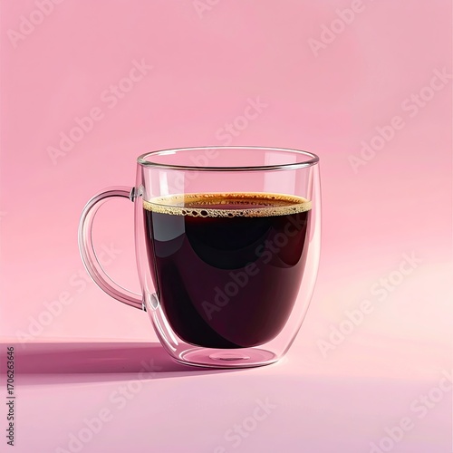 Clear double-walled coffee mug filled with dark espresso against a soft pink background