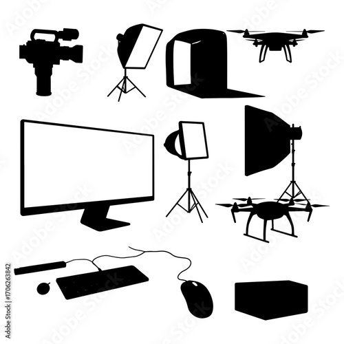 Silhouette of video camera computer screen drone lighting equipment and other studio equipment items