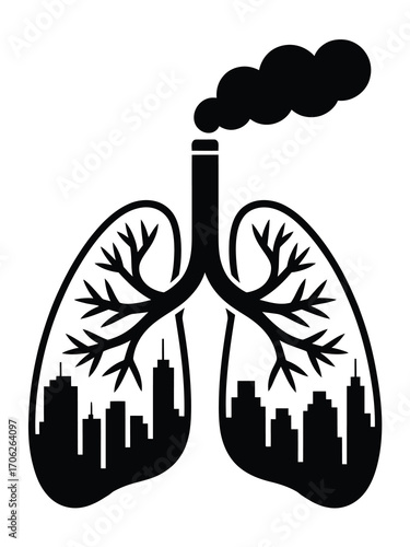 Pollution affecting lungs with cityscape and smoke stack