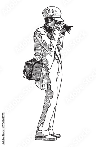 One photographer standing, shooting on camera outdoor, realistic sketch, vector outline hand drawing isolated on white background