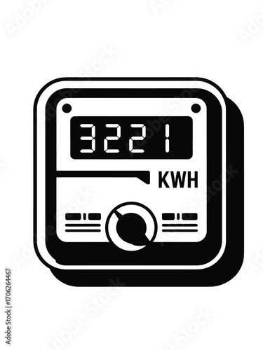 Black and white illustration of an electricity meter displaying kwh